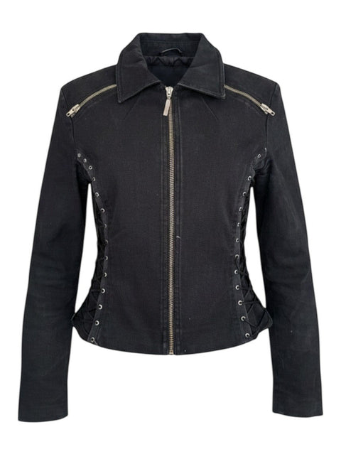 CHEZ SNOW BUNNY Gai Mattiolo black denim jacket featuring side lace-up detailing, zip front, and collar.