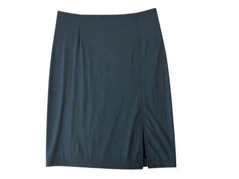 CHEZ SNOW BUNNY vintage grey nylon skirt featuring a sleek straight silhouette and a side slit detail.