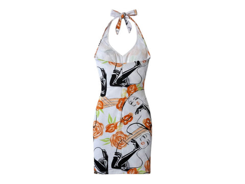 CHEZ SNOW BUNNY Il Sole halterneck mini dress featuring a white base with orange rose and black line art print