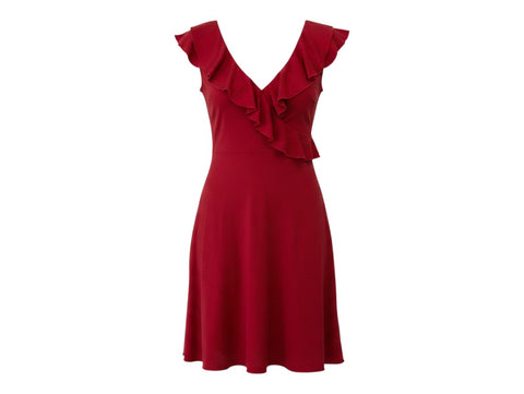 CHEZ SNOW BUNNY Hennes red dress featuring a deep V-neckline and elegant ruffled cap sleeves in a fit and flare cut.