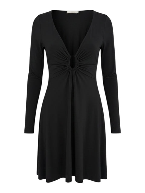 CHEZ SNOW BUNNY Just Cavalli black long-sleeve mini dress with a deep V-neck and central gathered ring detail.