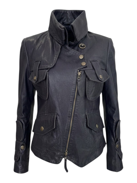 CHEZ SNOW BUNNY Just Cavalli black leather jacket with high neck, asymmetrical zip, and four utility pockets.