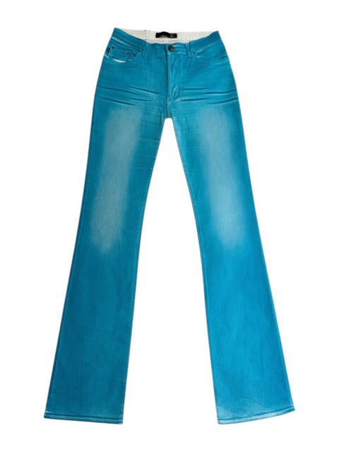CHEZ SNOW BUNNY Just Cavalli bright blue denim jeans with a flared leg cut and faded wash finish.