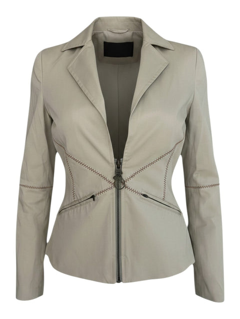 CHEZ SNOW BUNNY Just Cavalli khaki blazer with a front zipper closure and decorative cross-stitch detailing.