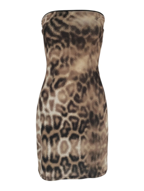 CHEZ SNOW BUNNY JustCavalli strapless mini beachwear dress featuring a brown and black leopard animal print pattern.