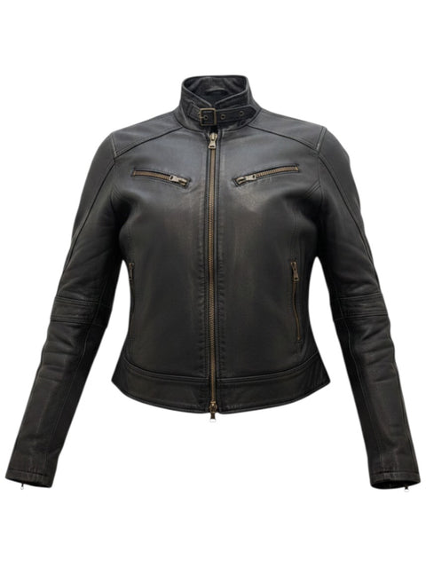 CHEZ SNOW BUNNY KingKong black leather jacket with a stand-up collar, buckled strap, and zippered chest pockets.