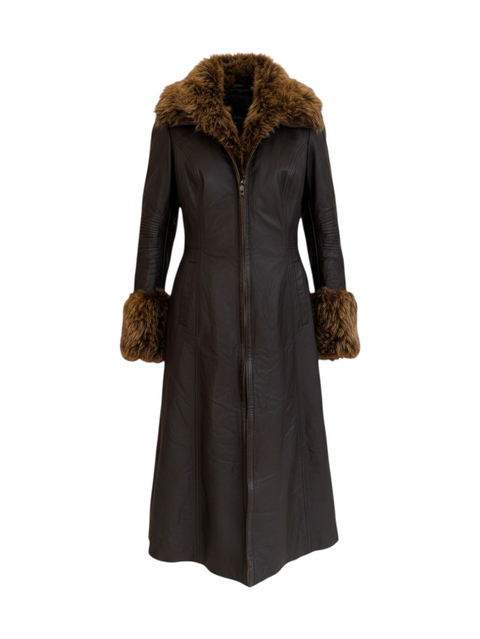 CHEZ SNOW BUNNY Corpo Nove dark brown leather long coat with plush faux fur collar and matching sleeve cuffs