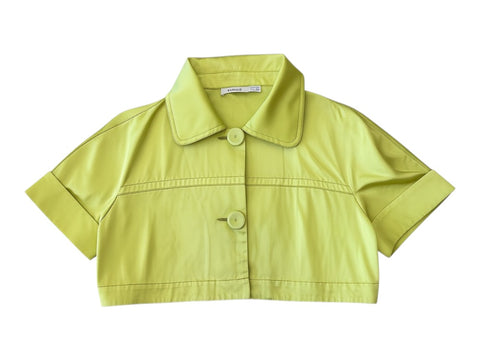CHEZ SNOW BUNNY Pinko lime green cropped bolero jacket with short sleeves, collar, and front button closure.