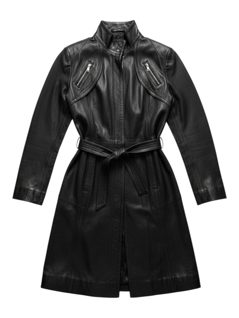 CHEZ SNOW BUNNY Masterpelle black leather trench coat with a belted waist and silver zippered chest pockets.