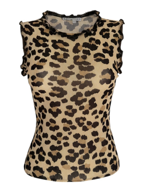 CHEZ SNOW BUNNY Moschino Jeans sleeveless top in a brown and black leopard print with a ruffled lettuce edge trim.