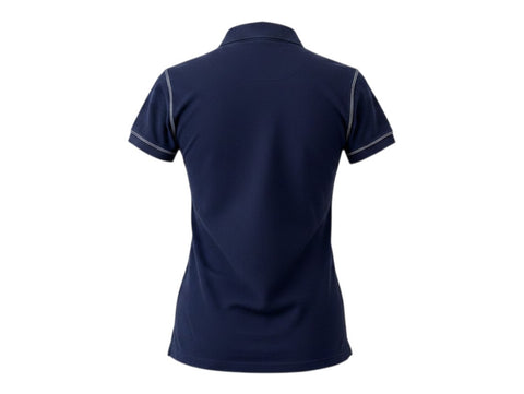 Back view of a navy blue Polo Ralp Laureen shirt with white contrast stitching from CHEZ SNOW BUNNY