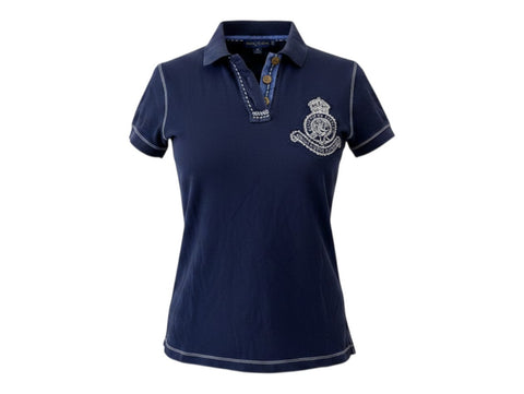 CHEZ SNOW BUNNY navy blue polo shirt with white contrast stitching and embroidered crest logo on the chest