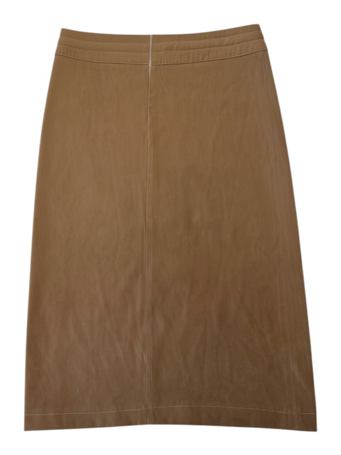 CHEZ SNOW BUNNY Nexo brown midi skirt featuring a high waist, clean vertical seams, and a subtle zipper detail.