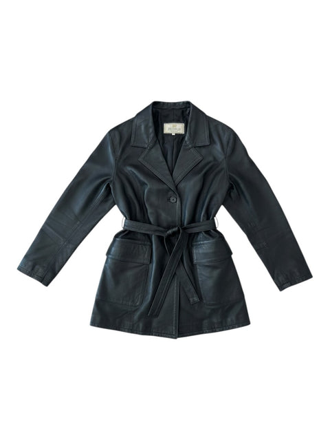 CHEZ SNOW BUNNY Pellitalia black leather coat with a belted waist, notched lapels, and two front pockets.