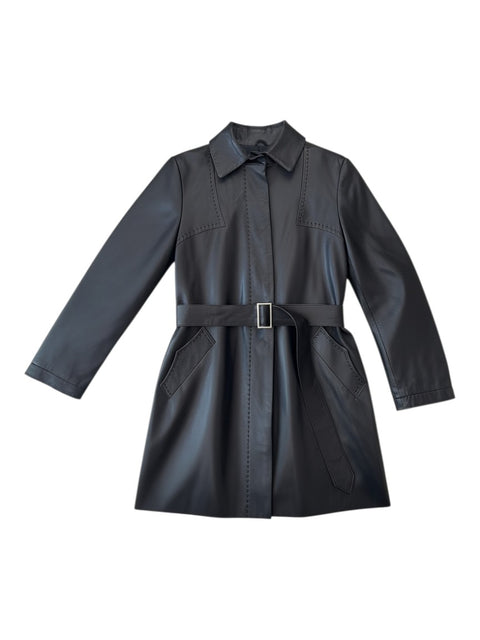 CHEZ SNOW BUNNY Pesci black leather coat featuring a classic collar, button placket, and matching waist belt.