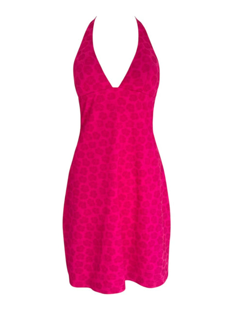CHEZ SNOW BUNNY pink halter neck mini swimwear dress with a subtle floral pattern