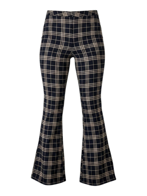 CHEZ SNOW BUNNY high-waisted flared trousers in a black and beige plaid check pattern
