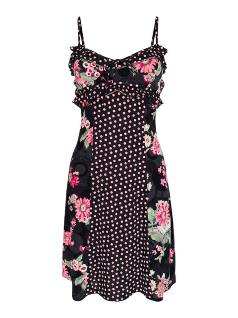 CHEZ SNOW BUNNY Bluemarine beachwear dress featuring a black base with pink polka dot and floral print, ruffled trim.
