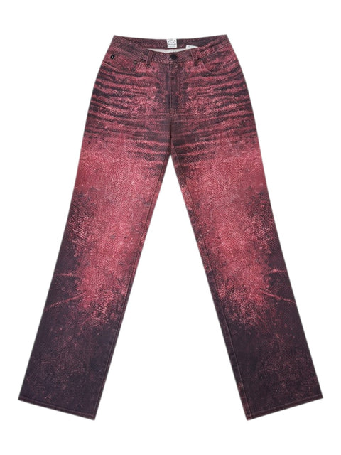 CHEZ SNOW BUNNY Cavalli jeans featuring a vibrant red and black mosaic print pattern on denim fabric