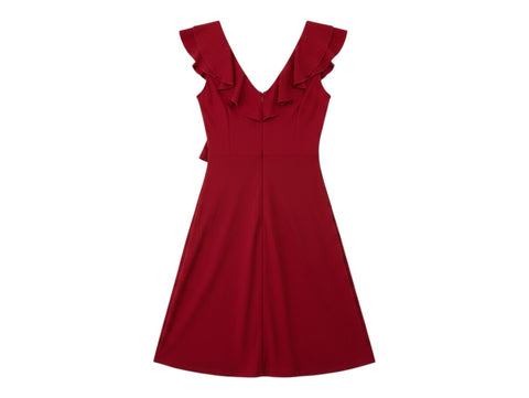 CHEZ SNOW BUNNY Hennes red mini dress featuring a deep V-neckline and elegant ruffled cap sleeves