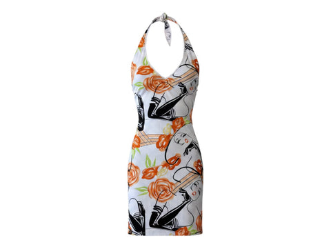 CHEZ SNOW BUNNY Il Sole halterneck mini dress in white with orange rose and black line art print