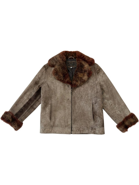 CHEZ SNOW BUNNY Vera Pelle brown suede jacket with plush fur collar and cuffs, front zip closure.