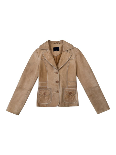 CHEZ SNOW BUNNY Vero Moda light brown leather jacket with button front closure and front flap pockets
