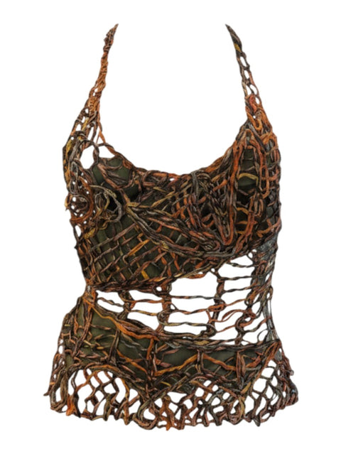 CHEZ SNOW BUNNY vintage halterneck crochet top in earthy brown and green tones with an open-knit distressed design.