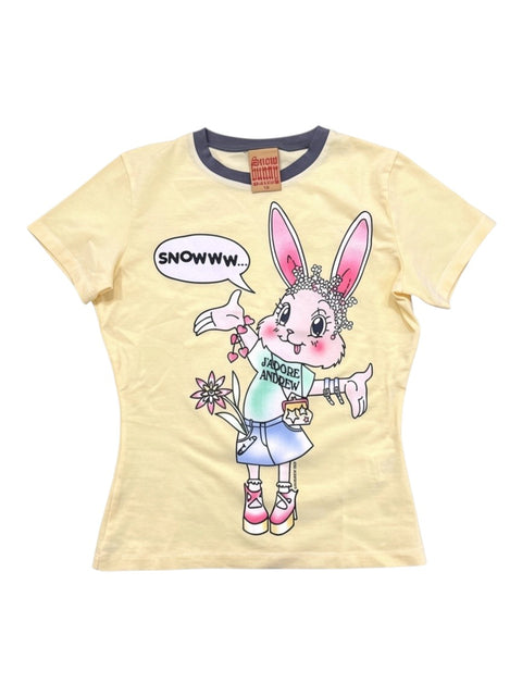 CHEZ SNOW BUNNY pale yellow graphic t-shirt featuring a cartoon bunny character with a speech bubble, made in Portugal