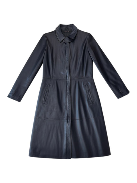 CHEZ SNOW BUNNY Yukalix black leather coat with a classic collar and front pockets, size 42.