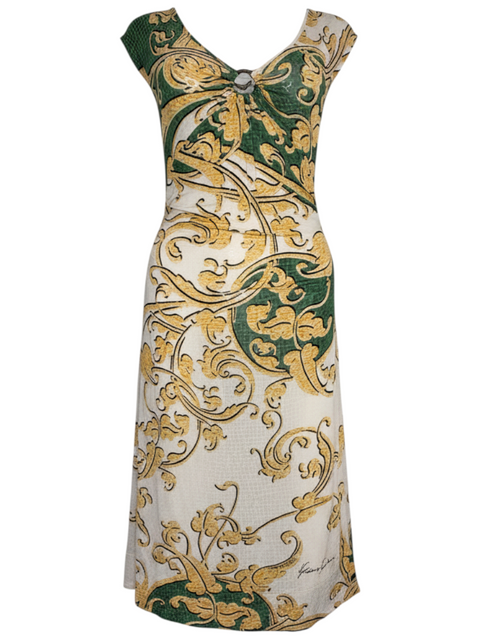 Robe mi-longue CHEZ SNOW BUNNY Just Cavalli à motif baroque vert et doré avec détail bijou au décolleté