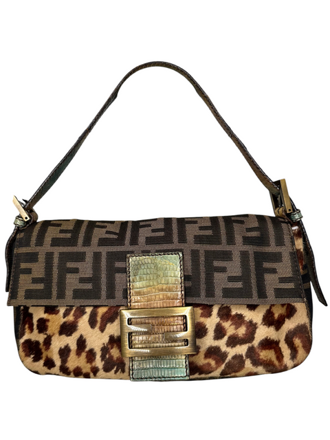 Fendi Baguette Lizard Trim Brown Zucca Canvas