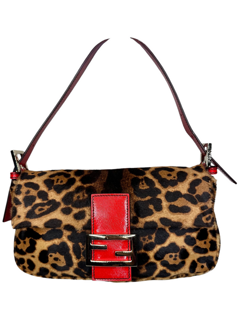 Fendi Baguette Red Trim Brown Leopard Print