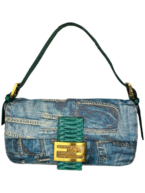 Fendi Baguette Denim Print Canvas With Python
