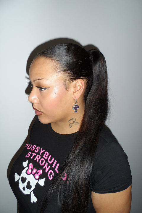 Purple cross earrings