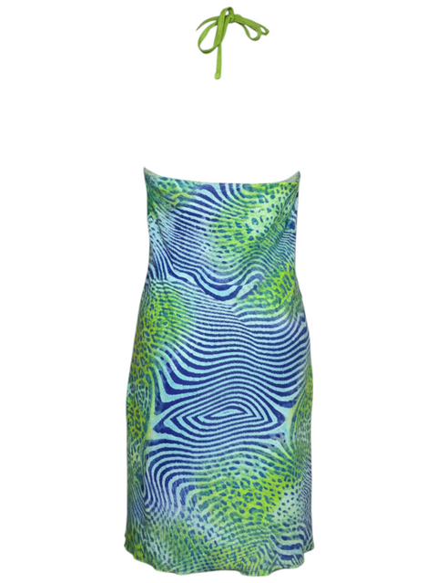 Robe courte CHEZ SNOW BUNNY Malizia à dos nu, motif animalier abstrait bleu et vert, taille 40 EU