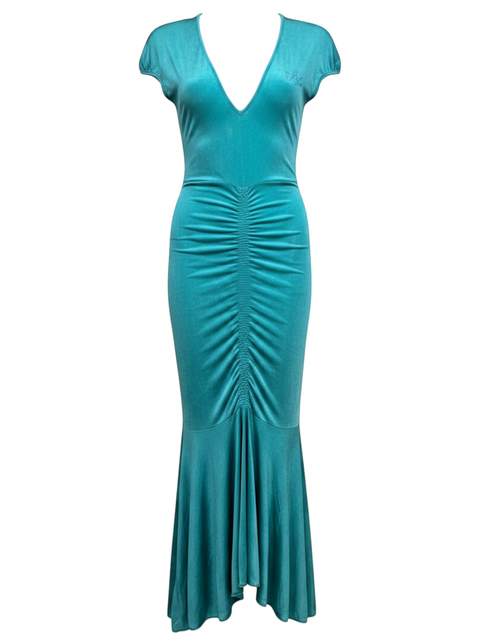 CHEZ SNOW BUNNY Byblos Blu turquoise long dress with a V-neck, cap sleeves, and a flattering ruched front detail.