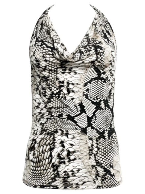 CHEZ SNOW BUNNY halter top featuring a black and white snakeskin print with a draped cowl neckline