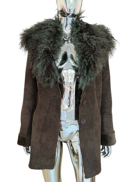 Project Moda Brown Coat With Green Lamb Fur Collar