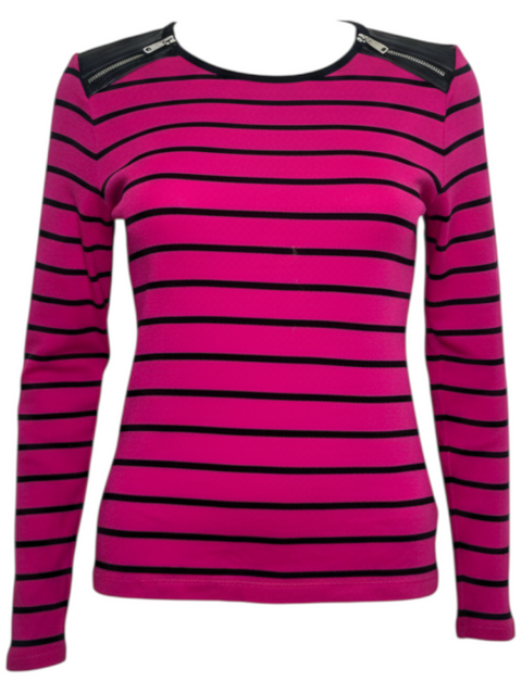 Pull Ralph Lauren CHEZ SNOW BUNNY rose à rayures noires avec détails en cuir zippés sur les épaules, taille M