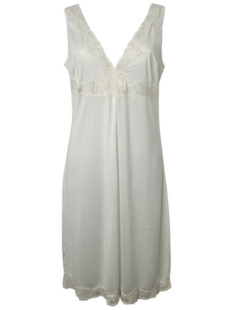 CHEZ SNOW BUNNY vintage white night dress with delicate lace trim and a deep V-neckline