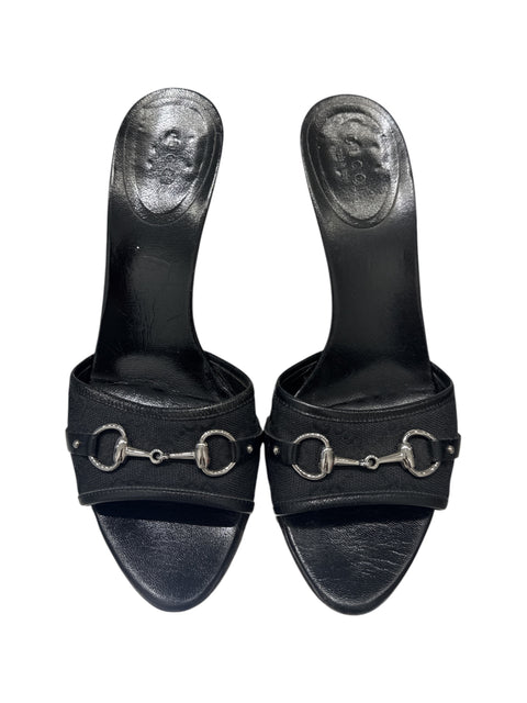 Gucci Black Monogram & Horsebit Mules