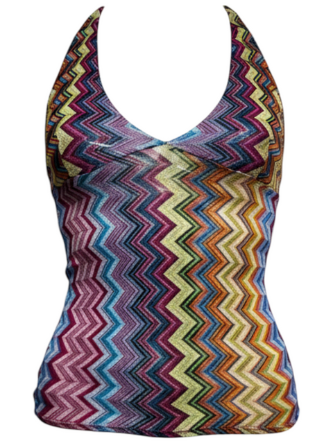 CHEZ SNOW BUNNY Naramaglie Multi Top featuring a vibrant chevron zigzag knit pattern in a sleeveless halter style.