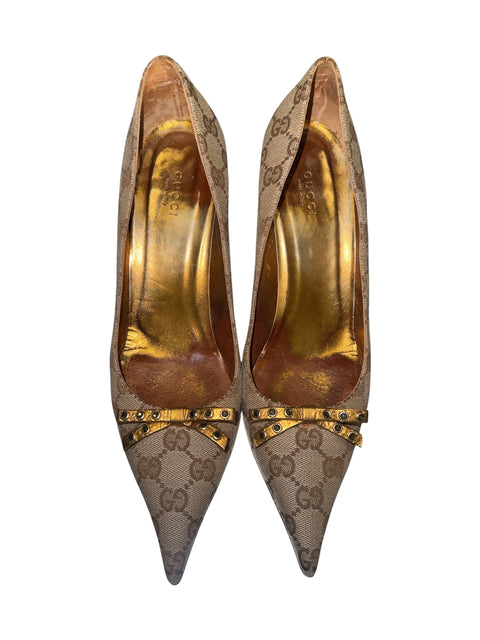 Gucci Monogram Gold Bow Heels
