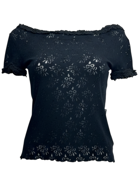 CHEZ SNOW BUNNY vintage Moschino black short-sleeve top featuring delicate floral lace detailing and a scalloped trim.