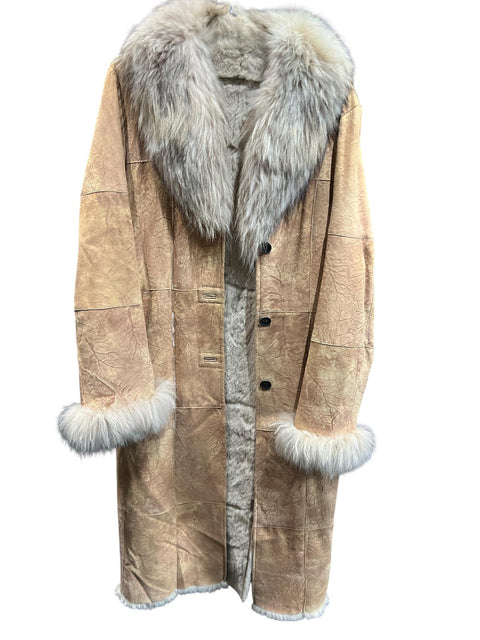 Long Beige Shearling Coat Fur Collar