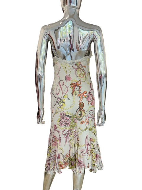 Blumarine White Silk & Watercolor Print Dress