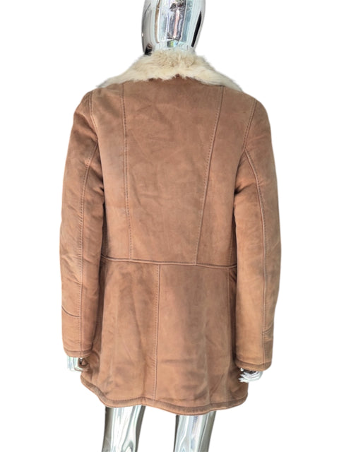 Camel Double-Breasted Sherling Coat With Hood