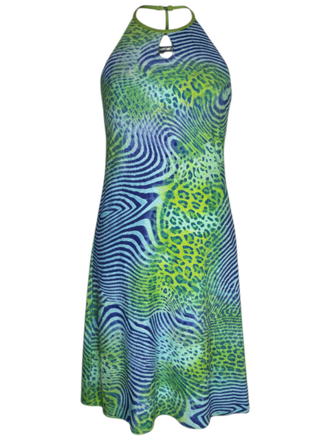Robe Malizia CHEZ SNOW BUNNY à imprimé animalier bleu et vert, coupe dos nu avec encolure découpée, taille 40 EU