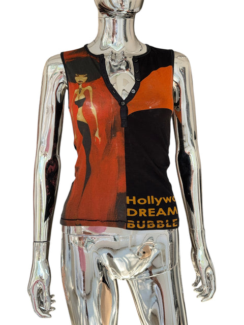 Vintage Black Orange Woman Print Top